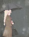  1girl blonde_hair braid coat elsa_(frozen) frozen_(disney) laikaken rain single_braid solo standing umbrella 