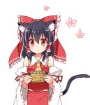  1girl :&lt; animal_ears ascot bare_shoulders black_hair blush bow box cat_ears cat_tail detached_sleeves donation_box frown hair_bow hair_ribbon hair_tubes hakurei_reimu kemonomimi_mode large_bow nontraditional_miko red_eyes ribbon short_hair sketch solo tail touhou upper_body white_background wide_sleeves yada_(xxxadaman) 