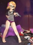  1girl bare_legs barefoot blonde_hair blue_eyes chips duck_hunt famicom game_console girutea glasses hair_ornament hairpin hand_on_hip light_gun looking_at_viewer nail_polish nintendo no_pants one_eye_closed original panties ponytail smile solo tongue tongue_out underwear 