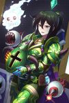  1girl ankh armor black_hair bottle bracelet breasts cape charm_(object) cross cross_necklace crystal eyeball headwear_removed helm helmet huang_xie jewelry looking_down necklace open_mouth ponytail red_eyes ring shell shield solo terraria the_twins_(terraria) wisp 