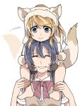  2girls animal_ears ayase_eli barefoot blonde_hair blue_eyes blue_hair bow carrying clipe closed_eyes fingerless_gloves gloves kemonomimi_mode long_hair love_live!_school_idol_project multiple_girls shoulder_carry simple_background smile sonoda_umi tail tail_wagging white_background younger 
