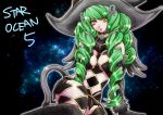  1girl cat_tail copyright_name curly_hair fiore_burnelli green_hair hair_ornament hairclip hat long_hair revealing_clothes sitting solo star_ocean star_ocean_integrity_and_faithlessness tail tomygrave yellow_eyes 
