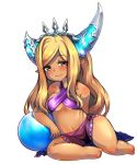  1girl alternate_hair_color alternate_skin_color arulumaya ball bare_legs beachball bikini blonde_hair blush brown_eyes collarbone crescent criss-cross_halter dark_skin granblue_fantasy half-closed_eyes halter_top halterneck hat highres long_hair miranko mole mole_under_eye navel pointy_ears purple_bikini sarong short simple_background sitting smile solo swimsuit thick_thighs thighs white_background yokozuwari 