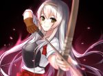  1girl bow_(weapon) brown_eyes drawing_bow headband japanese_clothes kantai_collection long_hair meaomao muneate remodel_(kantai_collection) shoukaku_(kantai_collection) silver_hair smile weapon 