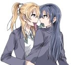  2girls ayase_eli blonde_hair blue_hair clipe eye_contact long_hair looking_at_another love_live!_school_idol_project mouth_hold multiple_girls simple_background smile sonoda_umi white_background yuri 