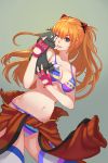  1girl bikini blue_eyes breasts cat catwyz clothes_around_waist face_licking fingerless_gloves gloves headgear highres licking long_hair neon_genesis_evangelion one_eye_closed orange_hair simple_background solo souryuu_asuka_langley strap_gap swimsuit thigh-highs 