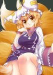  1girl bare_legs dress fox_tail hat hat_with_ears highres langlong long_sleeves looking_at_viewer multiple_tails solo tabard tail touhou white_dress wide_sleeves yakumo_ran yellow_eyes 