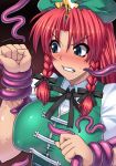  1girl beret black_bow blue_eyes blush bow braid breasts chinese_clothes clenched_hand clenched_teeth hair_bow hat highres hong_meiling large_breasts long_hair redhead restrained shimashima-ace star sweat tentacles touhou tsurime twin_braids upper_body 