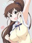  1girl :d apron arm_up armpits blush bowieknife breasts brown_eyes brown_hair clenched_hand commentary_request grey_background jpeg_artifacts large_breasts long_hair open_mouth ponytail signature simple_background smile solo taneshima_popura upper_body waitress working!! 