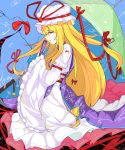  1girl bandaid bell blonde_hair bow dress fan gap hair_bow hair_ornament hat hat_ribbon highres long_hair long_sleeves low-tied_long_hair lyu mob_cap open_mouth parasol profile puffy_sleeves ribbon solo tabard touhou umbrella violet_eyes white_dress wide_sleeves yakumo_yukari 