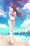  1girl :t alternate_costume alternate_hairstyle arms_behind_back barefoot beach bikini blush breasts brown_eyes brown_hair clouds cloudy_sky front-tie_top hanon_(heartofsword) highres idolmaster long_hair looking_to_the_side minase_iori navel ocean ponytail pout sky solo swimsuit walking 