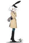  1girl animal_ears blue_eyes boots bunny_tail coat high_heels highres looking_at_viewer open_mouth original rabbit_ears razi scarf short_hair simple_background solo tail white_background white_hair winter_clothes winter_coat 