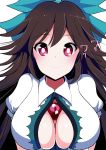  1girl amisu blush breasts brown_hair cleavage cleavage_cutout face hair_ornament hair_ribbon highres long_hair looking_at_viewer puffy_sleeves red_eyes reiuji_utsuho ribbon short_sleeves simple_background smile solo text third_eye touhou upper_body white_background 