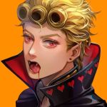  blonde_hair blood blood_from_mouth earrings fangs giorno_giovanna higurehiiro jewelry jojo_no_kimyou_na_bouken open_mouth pointy_ears red_eyes tongue tongue_out vampire 