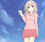  1girl blouse blue_eyes camcorder casual charlotte_(anime) highres koucha_(clotea777) long_hair ribbon-trimmed_clothes ribbon_trim silver_hair skirt sweater tomori_nao two_side_up 