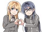  2girls ayase_eli blonde_hair blue_eyes blue_hair clipe glasses heart heart_hands long_hair looking_at_viewer love_live!_school_idol_project multiple_girls simple_background sonoda_umi white_background 