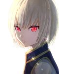  1boy bangs blonde_hair earrings face glowing glowing_eyes hunter_x_hunter jewelry kurapika looking_at_viewer ore_suzuki parted_lips red_eyes short_hair simple_background solo white_background 