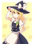  1girl adjusting_clothes adjusting_hat apron arm_behind_back blonde_hair blouse bow braid cowboy_shot hat hat_bow kirisame_marisa long_hair looking_at_viewer outline puffy_short_sleeves puffy_sleeves short_sleeves side_braid sketch skirt smile solo star touhou vest witch_hat yada_(xxxadaman) yellow_eyes 