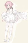 1girl ahoge blush braid breasts cape cleavage creature dress full_body fur_trim open_mouth original pink_eyes pink_hair short_twintails shoulder_cutout sino_(sionori) small_breasts solo thigh-highs twintails two_side_up white_dress zettai_ryouiki 