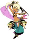  absurdres armlet armpits blonde_hair bracer character_request dancer_(sekaiju) dark_skin earrings feathers full_body harem_outfit highres himukai_yuuji jewelry looking_at_viewer lowleg navel official_art open_mouth sekaiju_no_meikyuu simple_background sword twintails weapon white_background yellow_eyes 
