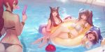  4girls ahri animal_ears ankle_cuffs ass ball beachball bikini blue_eyes blue_hair bow bracelet breasts brown_hair bubblegum candy character_request collar crossed_legs drink fox_ears fox_tail glass hat highres innertube instant_ip jewelry large_breasts league_of_legends lollipop looking_at_viewer lulu_(league_of_legends) multiple_girls partially_translated ponytail pool sarah_fortune smile sona_buvelle sparkle swimsuit tail translation_request twintails water_gun yellow_eyes 