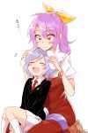 +++ 2girls :d ^_^ animal_ears blazer bow closed_eyes hair_bow hair_ribbon highres holding_ears long_hair multiple_girls necktie open_mouth petting playing_with_another&#039;s_ears ponytail purple_hair rabbit_ears red_eyes reisen ribbon short_hair six_(fnrptal1010) smile touhou translated tsurime watatsuki_no_yorihime 
