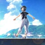  1girl :d black_hair black_shirt blue_sky brown_hair clouds looking_at_viewer mountain open_mouth original overalls pants pants_rolled_up shirt shoes short_hair sky smile sneakers solo t-shirt technoheart 