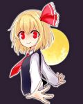  1girl ascot black_background blonde_hair bow collared_shirt foreshortening hair_bow looking_at_viewer moon outline outstretched_arms profile red_eyes rumia shirt short_hair sketch smile solo spread_arms touhou upper_body vest yada_(xxxadaman) 