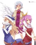  3girls blonde_hair covering_mouth dress drill_hair fan feathered_wings feathers folding_fan hand_over_own_mouth hat highres jacket katana kishin_sagume long_hair multiple_girls purple_hair red_eyes short_hair silver_hair single_wing six_(fnrptal1010) sword touhou watatsuki_no_toyohime watatsuki_no_yorihime weapon wings yellow_eyes 