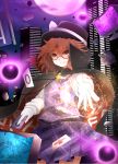  1girl arano_oki bow brown_eyes brown_hair cape card city debris full_moon glasses hat hat_bow long_sleeves moon night red-framed_glasses shirt skirt skirt_set sky smile solo touhou usami_sumireko vest 