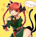  1girl animal_ears bell bell_collar bow braid cat_ears cat_tail collar cowboy_shot dress fang hair_bow heart hips kaenbyou_rin long_hair looking_at_viewer multiple_tails neck_ribbon nyan open_mouth paw_pose red_eyes redhead ribbon sketch solo speech_bubble tail thighs touhou twin_braids two_tails yada_(xxxadaman) yellow_background 