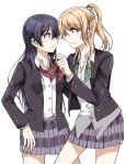  2girls adjusting_another&#039;s_clothes ayase_eli blazer blonde_hair blush clipe dress_shirt eye_contact long_hair looking_at_another love_live!_school_idol_project multiple_girls open_blazer open_clothes school_uniform shirt simple_background skirt smile sonoda_umi uniform white_background yuri 