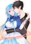  1boy 1girl asuna_(sao) asuna_(sao-alo) black_hair blue_eyes blue_hair closed_eyes couple dress hug hug_from_behind jewelry kirito kirito_(sao-alo) long_hair pointy_ears ring sword_art_online toujirou wedding_ring 