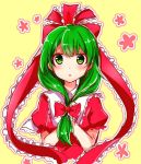  1girl blush bow dress front_ponytail green_eyes green_hair hair_bow hands_on_own_chest kagiyama_hina long_hair looking_at_viewer open_mouth outline puffy_short_sleeves puffy_sleeves ribbon short_sleeves sketch solo touhou upper_body yada_(xxxadaman) 