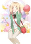  1girl :d ^_^ bag blonde_hair cardigan closed_eyes clouds crescent_moon dress_shirt flag food food_themed_ornament fruit hand_on_own_cheek moon open_cardigan open_clothes open_mouth rabbit rainbow shirt shoulder_bag sino_(sionori) smile solo star strawberry 