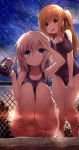  2girls barefoot blonde_hair blue_eyes breasts camcorder chain-link_fence charlotte_(anime) fence highres long_hair multiple_girls nishimori_yusa old_school_swimsuit school_swimsuit side_ponytail silver_hair swimsuit tomori_nao twintails two_side_up waruwarutsu 