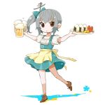  &gt;:( 1girl alcohol alternate_costume aqua_bow bangs bare_legs beer beer_mug bow brown_eyes brown_shoes collarbone dirndl dress food frown fudeyama_(fudeco) german_clothes hair_bow holding holding_plate kantai_collection kasumi_(kantai_collection) leg_up long_hair onigiri puffy_short_sleeves puffy_sleeves shoes short_sleeves side_ponytail sidelocks simple_background solo standing_on_one_leg tako-san_wiener white_background 