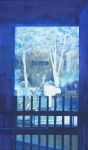 1girl black_hair blue dress fence highres house long_hair muted_color original scenery solo traditional_media tree watercolor_(medium) wayukako 