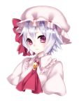  1girl ascot bow brooch hat hat_bow jewelry lavender_hair mob_cap red_eyes remilia_scarlet short_hair solo touhou upper_body white_background yutazou 