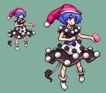  1girl blob blue_eyes blue_hair capelet doremy_sweet dress green_background hat holding lowres multicolored_dress nightcap open_mouth parody pixel_art shoes short_hair simple_background solo style_parody tail takorin touhou 