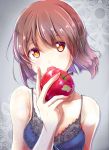  1girl apple bra brown_eyes brown_hair food fruit hagiwara_yukiho highres idolmaster izuki_(toneya) open_mouth short_hair solo underwear 