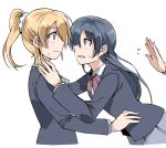  2girls ayase_eli blonde_hair blue_eyes blue_hair blush clipe eye_contact long_hair looking_at_another love_live!_school_idol_project multiple_girls ponytail school_uniform simple_background sonoda_umi white_background yuri 