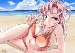  1girl beach breasts cleavage green_eyes highres horizon kantai_collection kinugasa_(kantai_collection) lying on_side pink_hair smile soba_chatarou_(tita) swimsuit tagme 