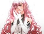  1girl apple bare_shoulders earrings elbow_gloves food food_on_face fruit gloves green_eyes hair_over_one_eye jewelry long_hair megurine_luka pink_hair sleeveless solo vocaloid white_gloves 