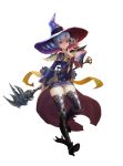  1girl absurdres artist_request blue_hair boots character_request copyright_request drill_hair hat high_heels highres long_sleeves official_art pauldrons red_eyes scroll simple_background smile solo staff thigh-highs thigh_boots twintails white_background wide_sleeves witch_hat 
