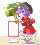  1girl baseball_base bowl hat highres japanese_clothes kimono mallet obi purple_hair sash shinapuu short_hair solo sukuna_shinmyoumaru touhou violet_eyes 