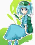 1girl aqua_hair backpack bag blouse blue_eyes boots hair_bobbles hair_ornament hat kawashiro_nitori key looking_at_viewer outline profile reeds short_twintails sketch skirt skirt_set smile solo touhou twintails yada_(xxxadaman) zoom_layer 