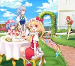  4girls apron arch ascot bare_legs bat_wings beret blonde_hair blouse blue_eyes blue_hair blush bow braid chair china_dress chinese_clothes clouds cloudy_sky elbow_rest fence flandre_scarlet flower garden grass hat hat_bow hong_meiling house izayoi_sakuya jpeg_artifacts lamppost legs long_hair looking_at_another looking_at_viewer maid_apron maid_headdress mob_cap mountain multiple_girls neck_ribbon open_mouth orange_hair outdoors path profile puffy_short_sleeves puffy_sleeves railing red_eyes remilia_scarlet ribbon road running saucer shoes short_hair short_sleeves side_ponytail silver_hair sitting skirt skirt_set sky smile standing sweets table tablecloth tea touhou tray twin_braids waving window wings wrist_cuffs yada_(xxxadaman) 