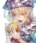  1girl american_flag_shirt blonde_hair clownpiece eating food food_on_face hamburger hat jester_cap jpeg_artifacts long_hair open_mouth red_eyes shirt short_sleeves simple_background solo star striped touhou upper_body white_background zounose 
