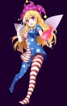  1girl american_flag_legwear american_flag_shirt blonde_hair blush breasts clownpiece double_v fairy_wings full_body hat jester_cap jpeg_artifacts legs long_hair looking_at_viewer open_mouth pantyhose print_legwear short_sleeves simple_background smile solo star star-shaped_pupils striped symbol-shaped_pupils touhou v violet_eyes wings yada_(xxxadaman) 